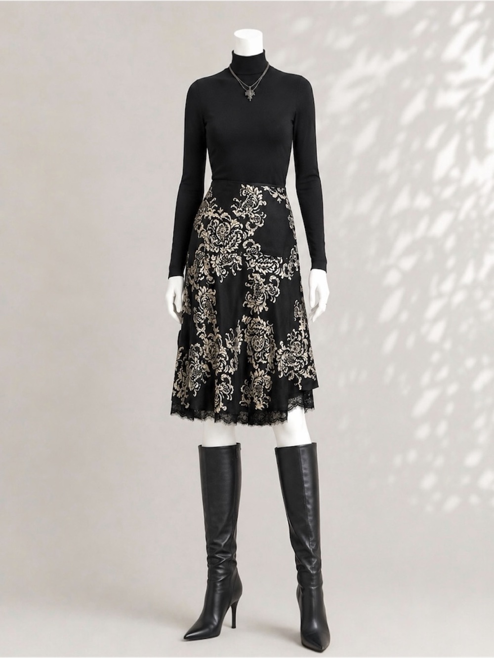 White House Black Market Silk Skirt 2 Black Ivory Baroque Floral WHBM Gothic - Picture 8 of 13